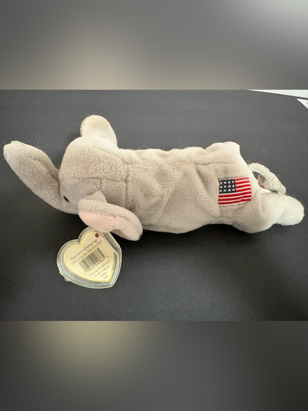 Ty Original “Righty” the Gray Elephant Beanie Baby with American Flag Patch